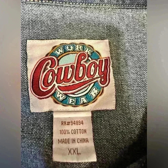 Cowboy Work Wear Denim Pearl Snap Shirt Men Size XXL Blue Long Sleeve PATCHES - Picture 5 of 8